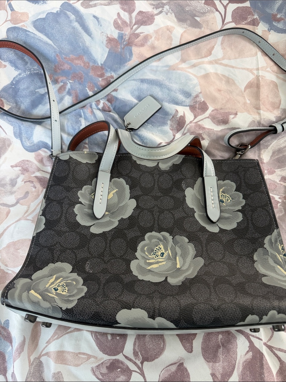 Coach Gray Floral Signature Canvas Satchel with Pale Blue Trim